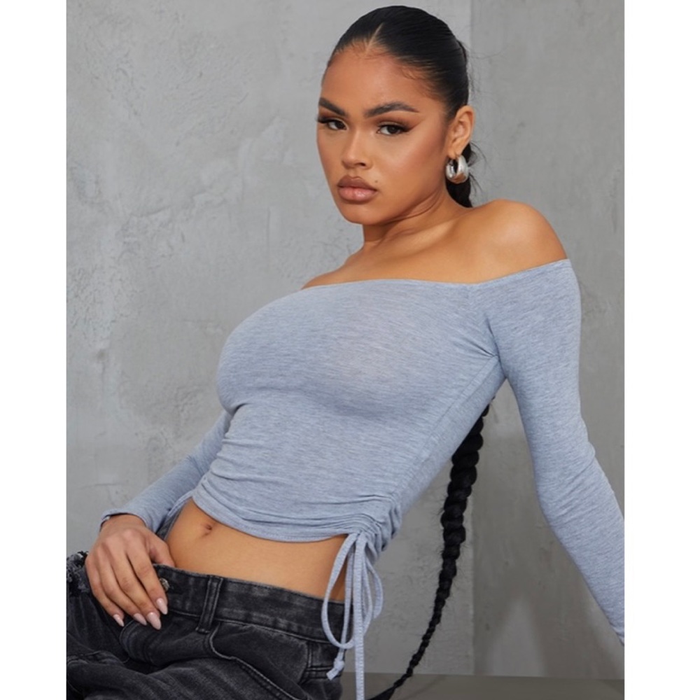 Grey Jersey Ruched Side Bardot Crop Top